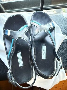 Prada Black Leather Slingback Sandals with Teal Trim